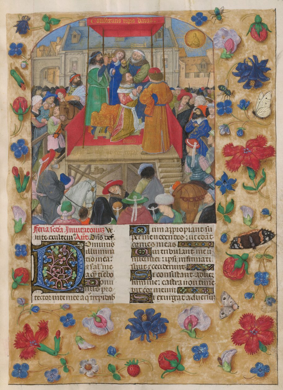 David crowned King of Israel. The Psalter. Saul anointing David and the coronation of David as King of Israel. Psalm 26, beginning with decorated initial 