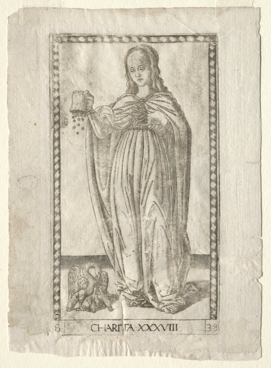 Charity from the Tarocchi, series B: Cosmic Principles & Virtues, #38, before 1467 by Master of the E Series Tarocchi