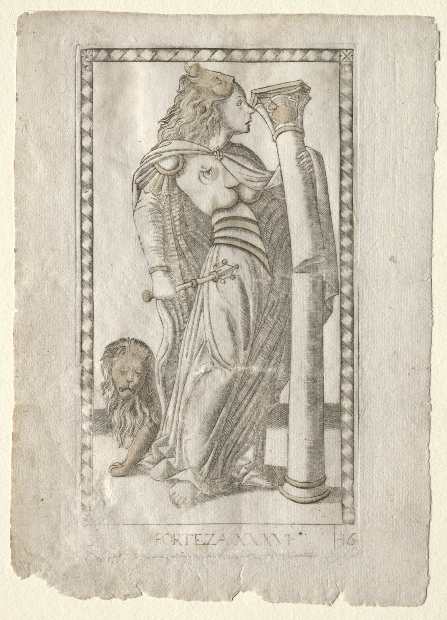 Forteza from the Tarocchi, series B: Cosmic Principles & Virtues, #36, before 1467 by Master of the E Series Tarocchi