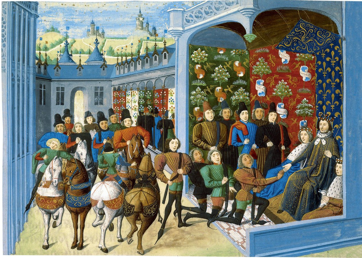 King Charles VI of France receives the English envoys. From the Jean Froissarts Chroniques by Master of the Harley Froissart