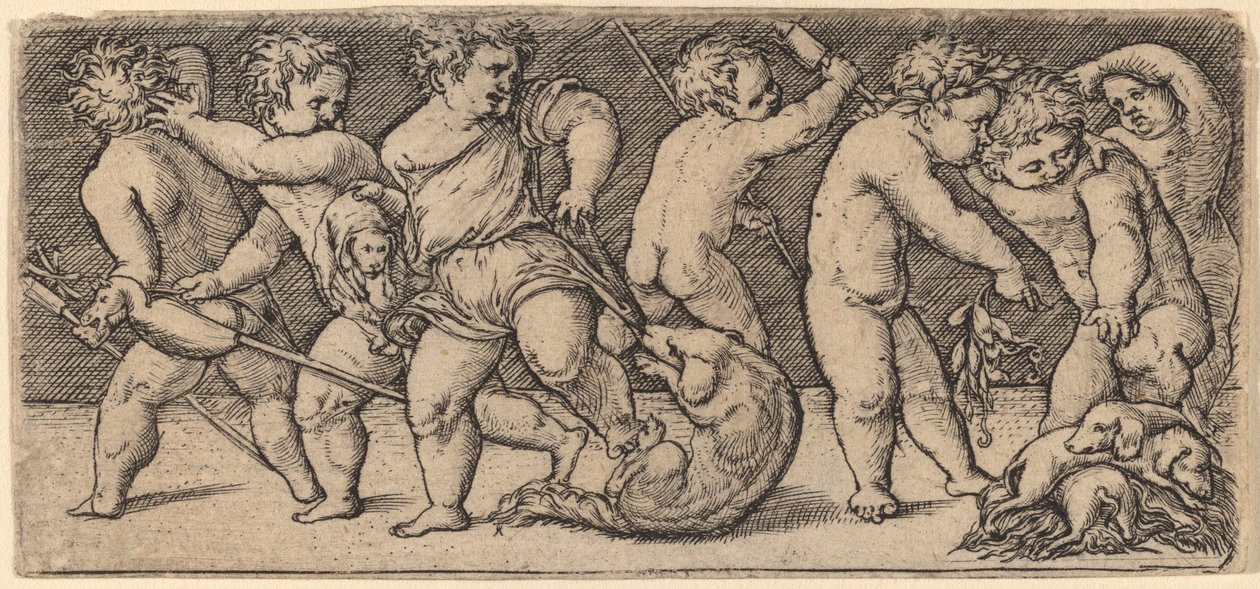 Children Playing with a Dog and Three Puppies by Master of the Horse Heads