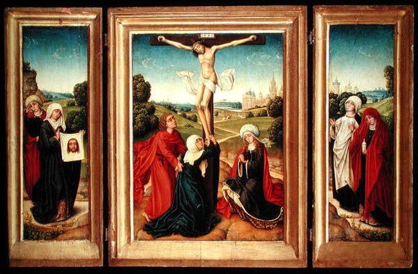 Triptych with the Central Panel Depicting the Crucifixion with the Virgin, St. John, and Mary Magdalen; the Left Wing: St. Veronica and a Female Saint; and the Right Wing: The Two Marys by Master of the Legend of St. Catherine