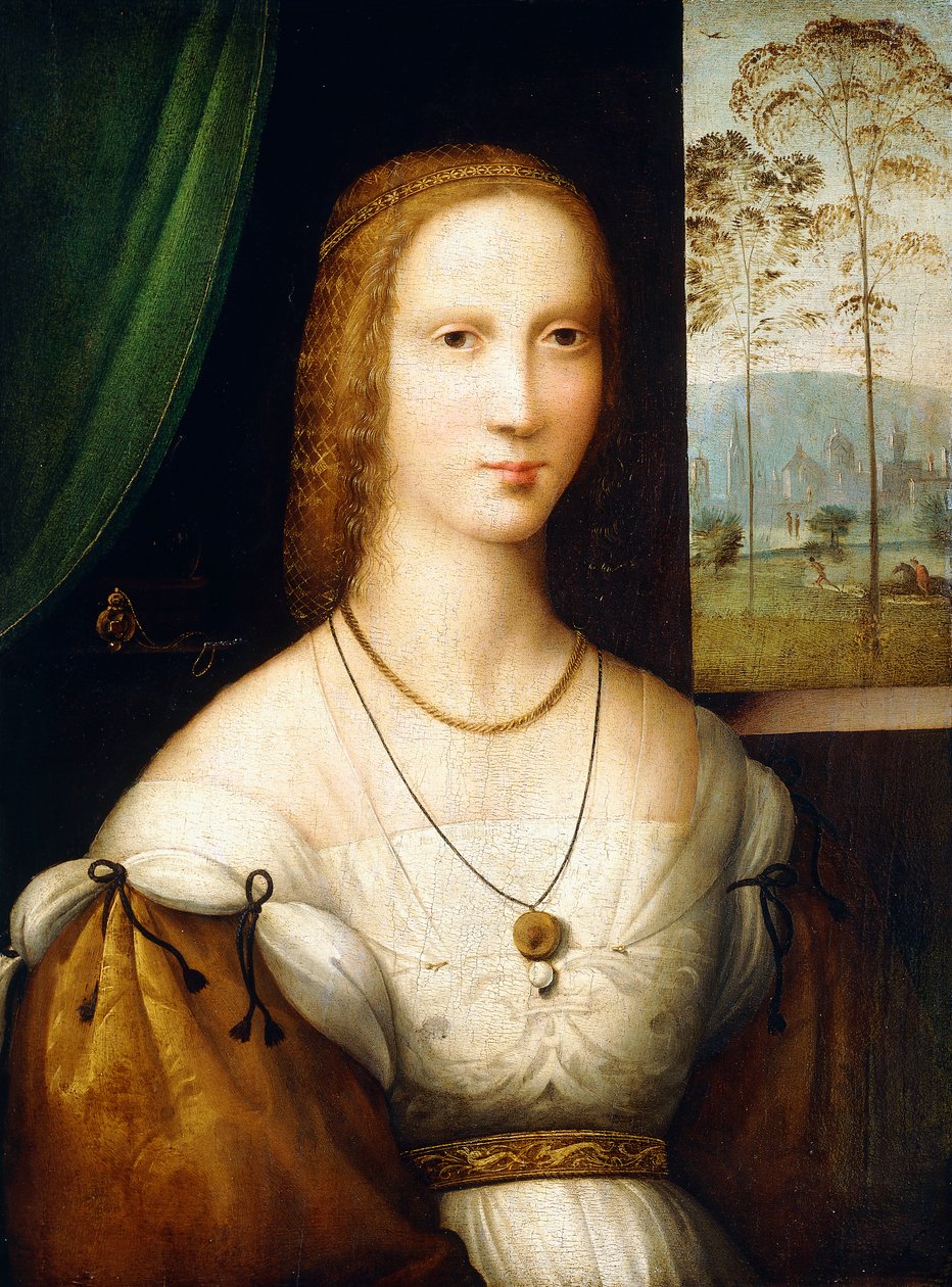 Portrait of a Lady, half-length, wearing a white dress with gold sleeves by Master of the Leonardesque Female Portraits