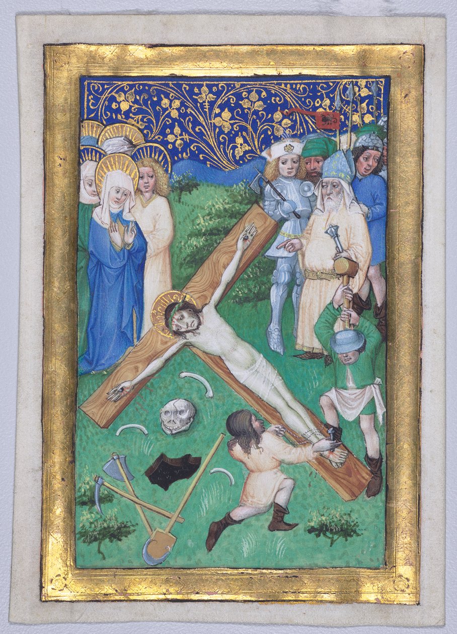 Leaf from a Book of Hours: Christ Being Nailed to the Cross by Master of the Maximilian Schoolbooks