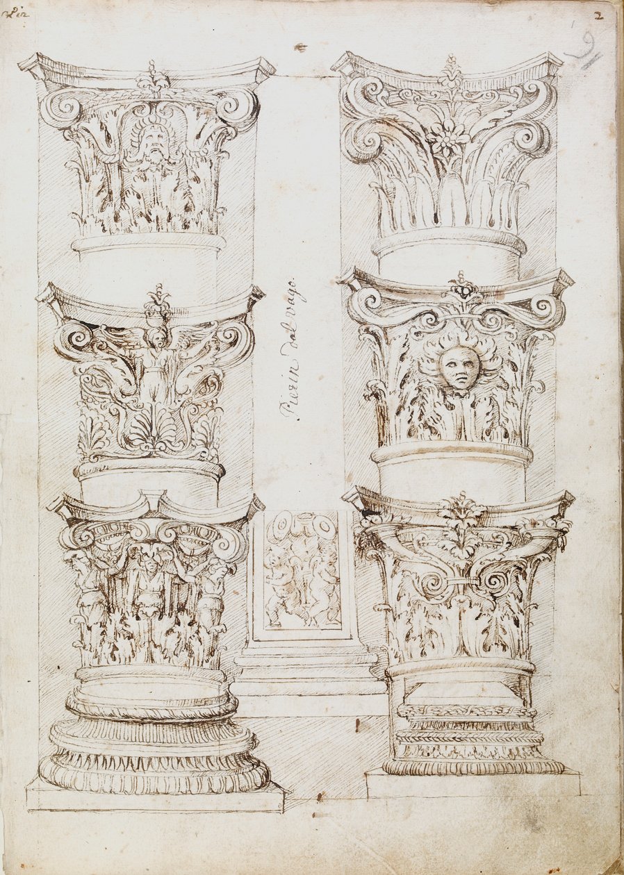 Six capitals, a lesene and two column bases, c1512-1517 by Master of the Oxford Album