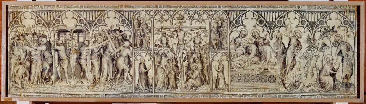 The Narbonne Altar: Christ taken prisoner, mocked, crown of thorns, crucifixion, entombment, resurrection by Master of the Parement of Narbonne