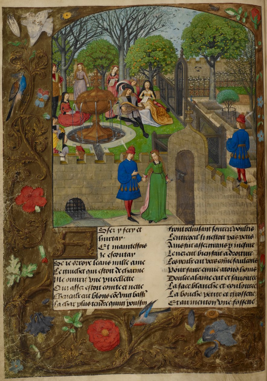 Lutenist and singers in a walled garden. The Lover and Dame Oyseuse (Idleness) outside the garden walls, illustration from 