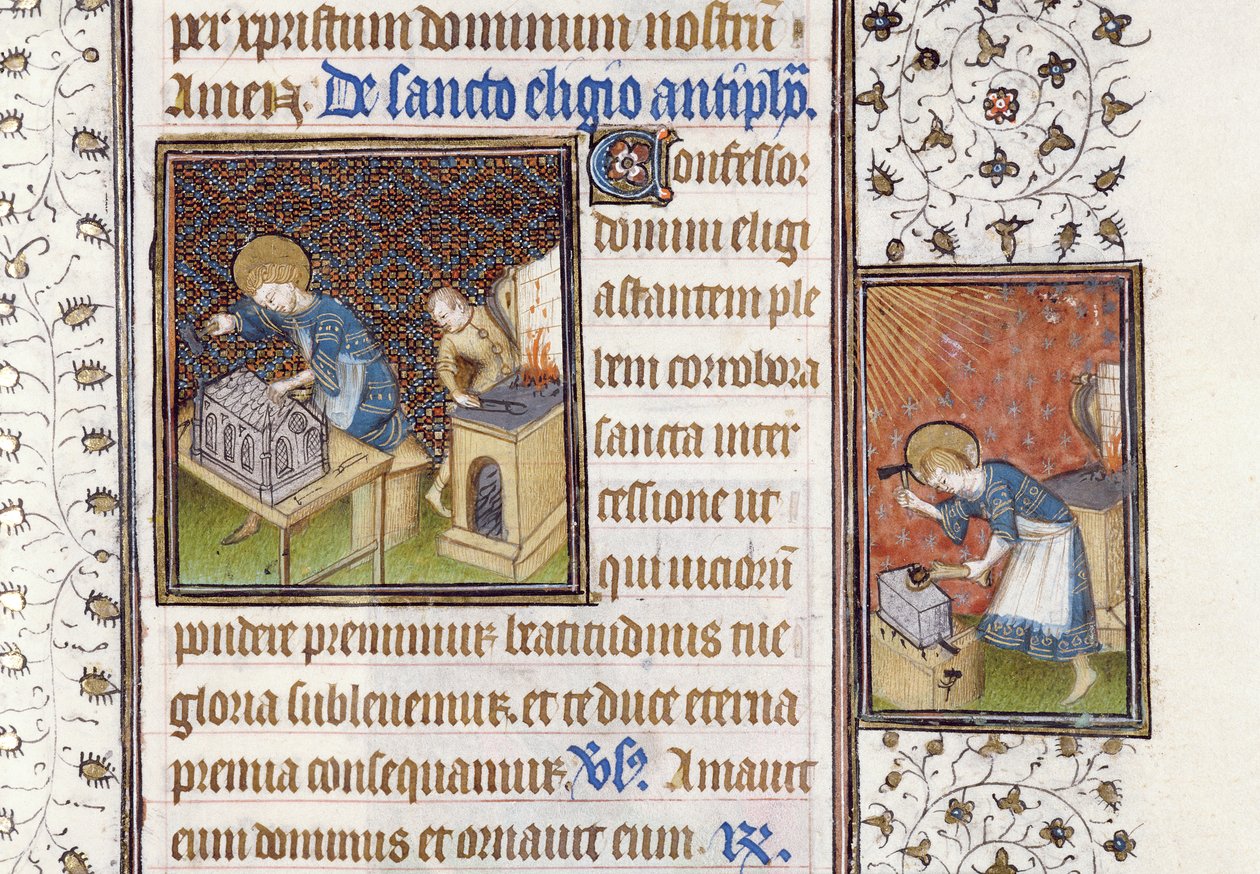 St. Eligius Making a Shrine; St. Eligius at an Anvil, from a Book of Hours by Master of the Rohan Hours