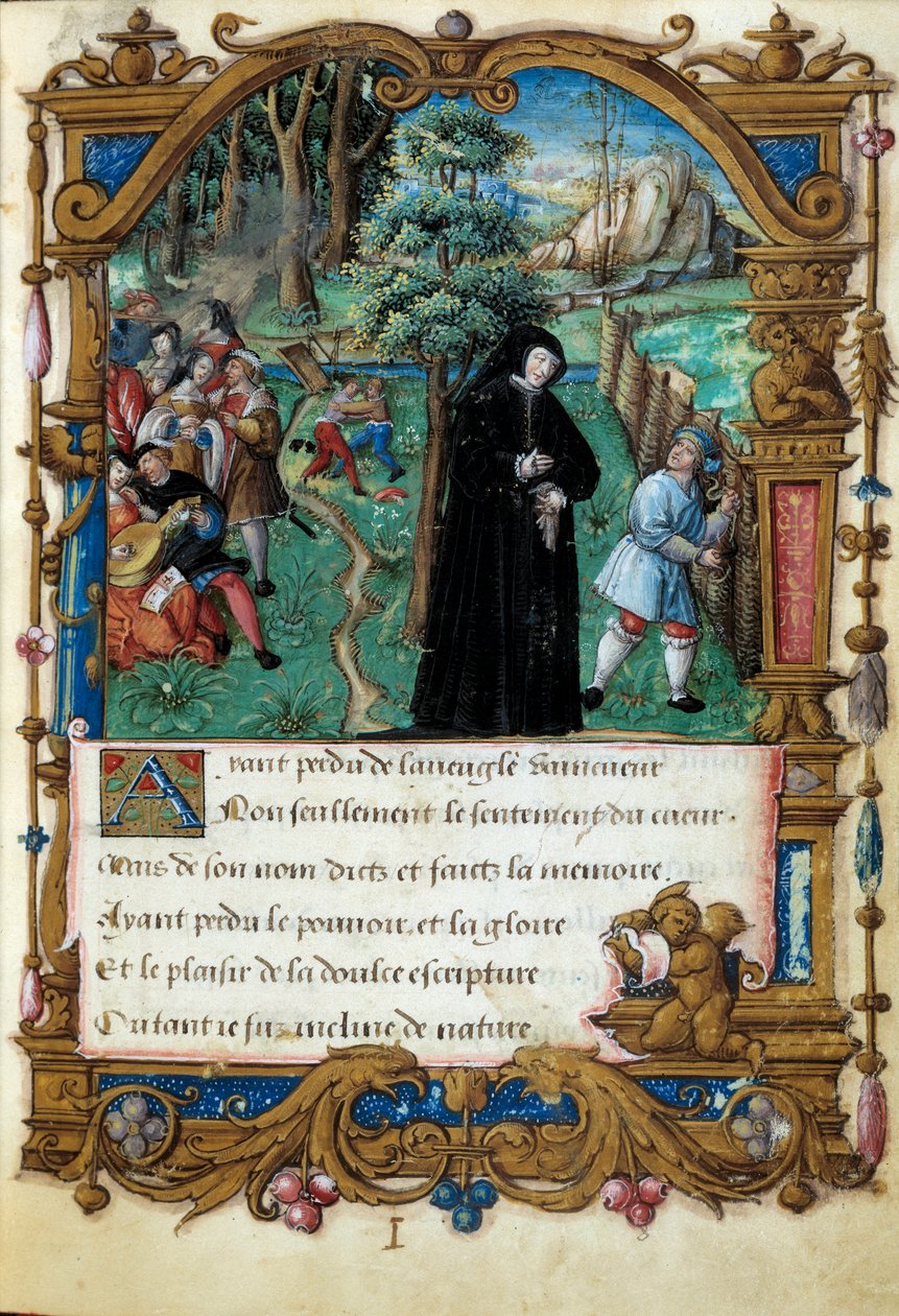 Representation of the Queen of Navarre Margarita of Angoulema (1492-1549), courteous love scene. Page taken from the manuscript 