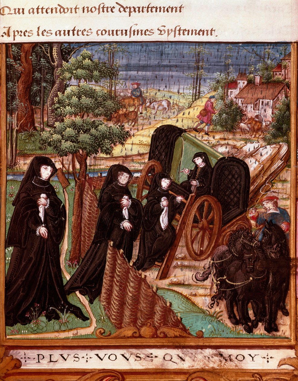 Representation of the Queen of Navarre Margarita of Angoulema (1492-1549) surrounded by her ladies going aboard a carriage for a walk from the manuscript 