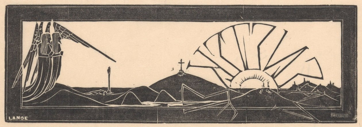 Winged Figures in a Hilly Landscape by Mathieu Lauweriks