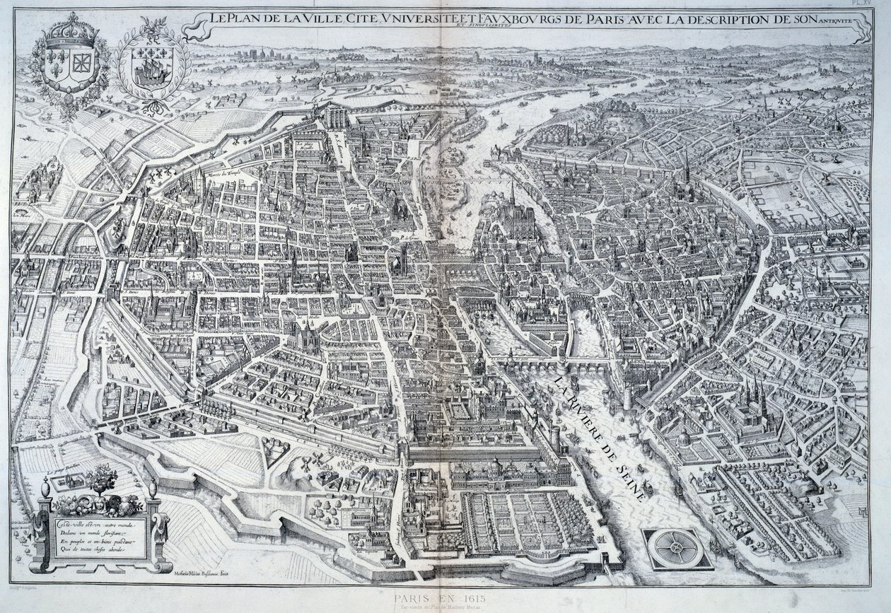 Plan of Paris in 1615. Engraving by Mathieu Merian by Mattaus the Younger Merian