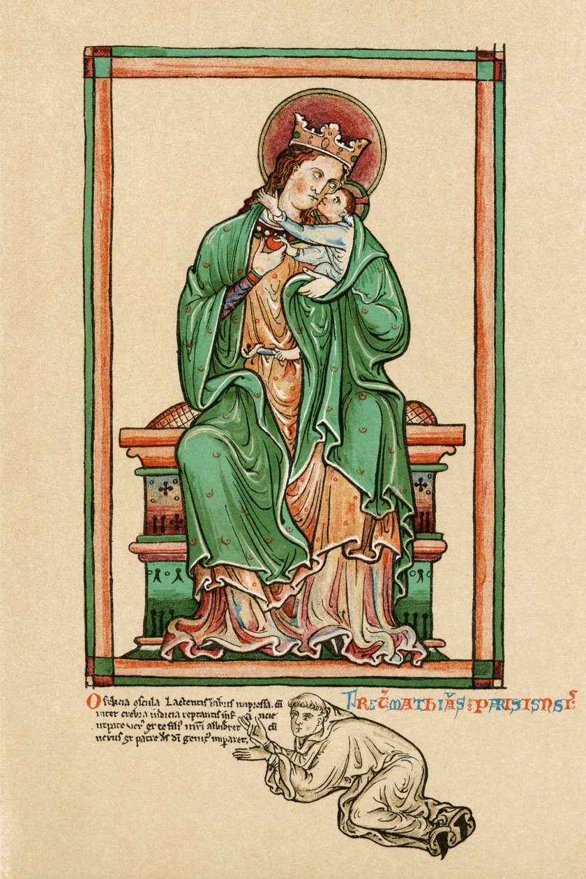 Virgin and Child with self portrait kneeling at their feet by Matthew Paris