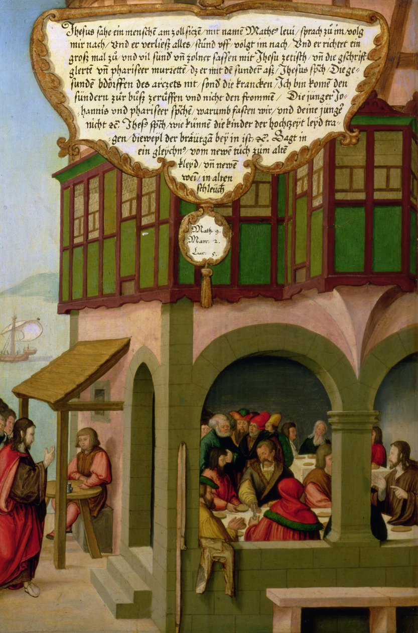 Jesus eating with the taxpayers and sinners (Matthew 9, Mark 2, Luke 5) section of wing panel from the Mompelgarter Altarpiece by Matthias Gerung or Gerou