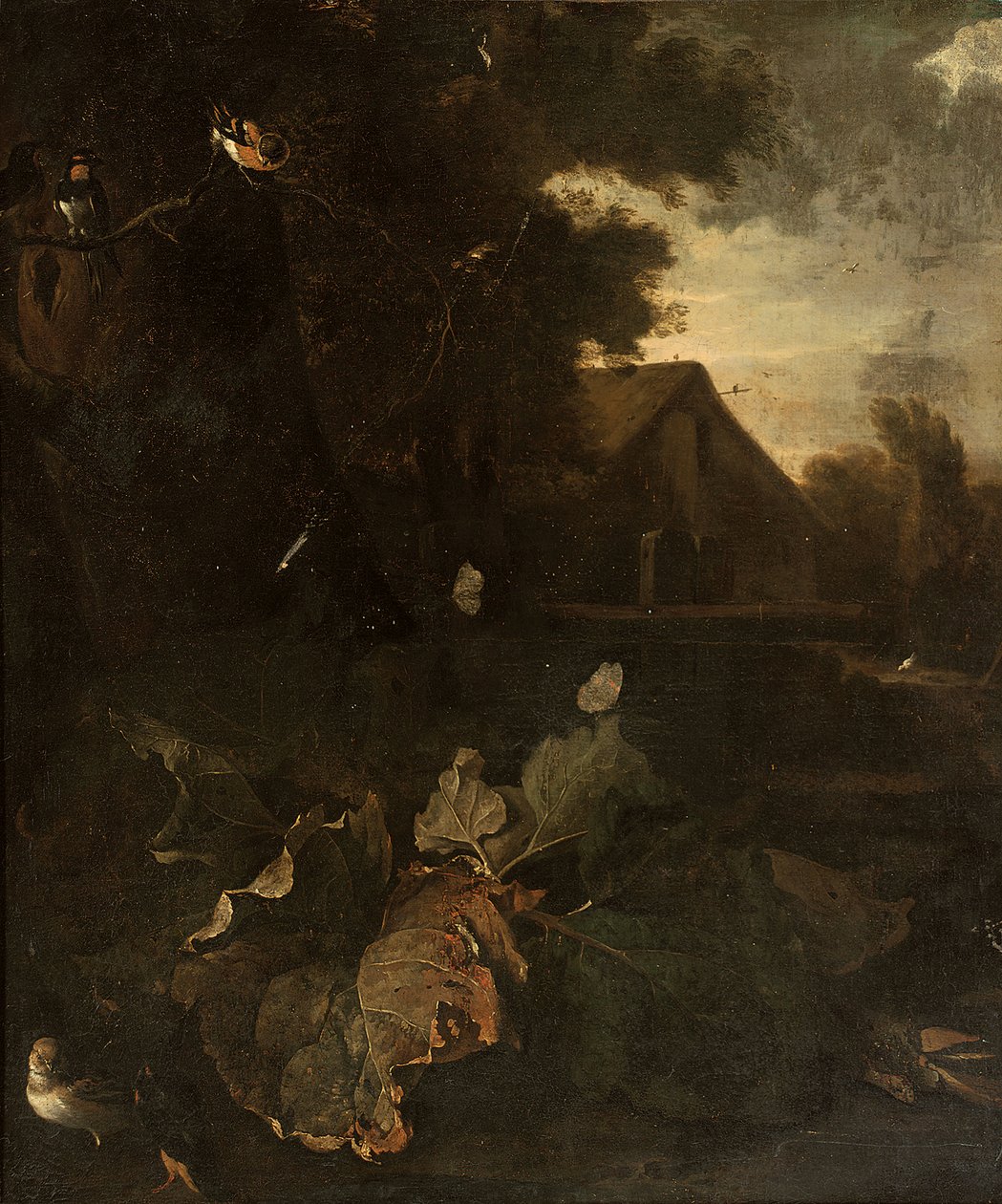 Forest floor still life with a chaffinch, swallow, other birds and butterflies, landscape with a farmhouse beyond by Matthias Withoos