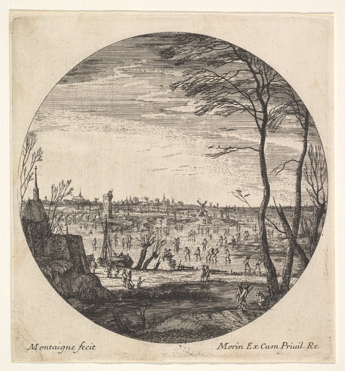 Winter Landscape with Figures Skating on a Frozen Body of Water in a Roundel Composition by Matthieu van Plattenberg