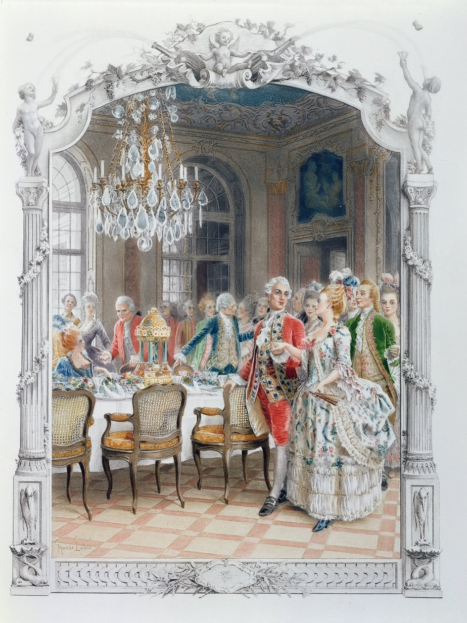 Elegant meal during the Eighteenth century, illustration from 