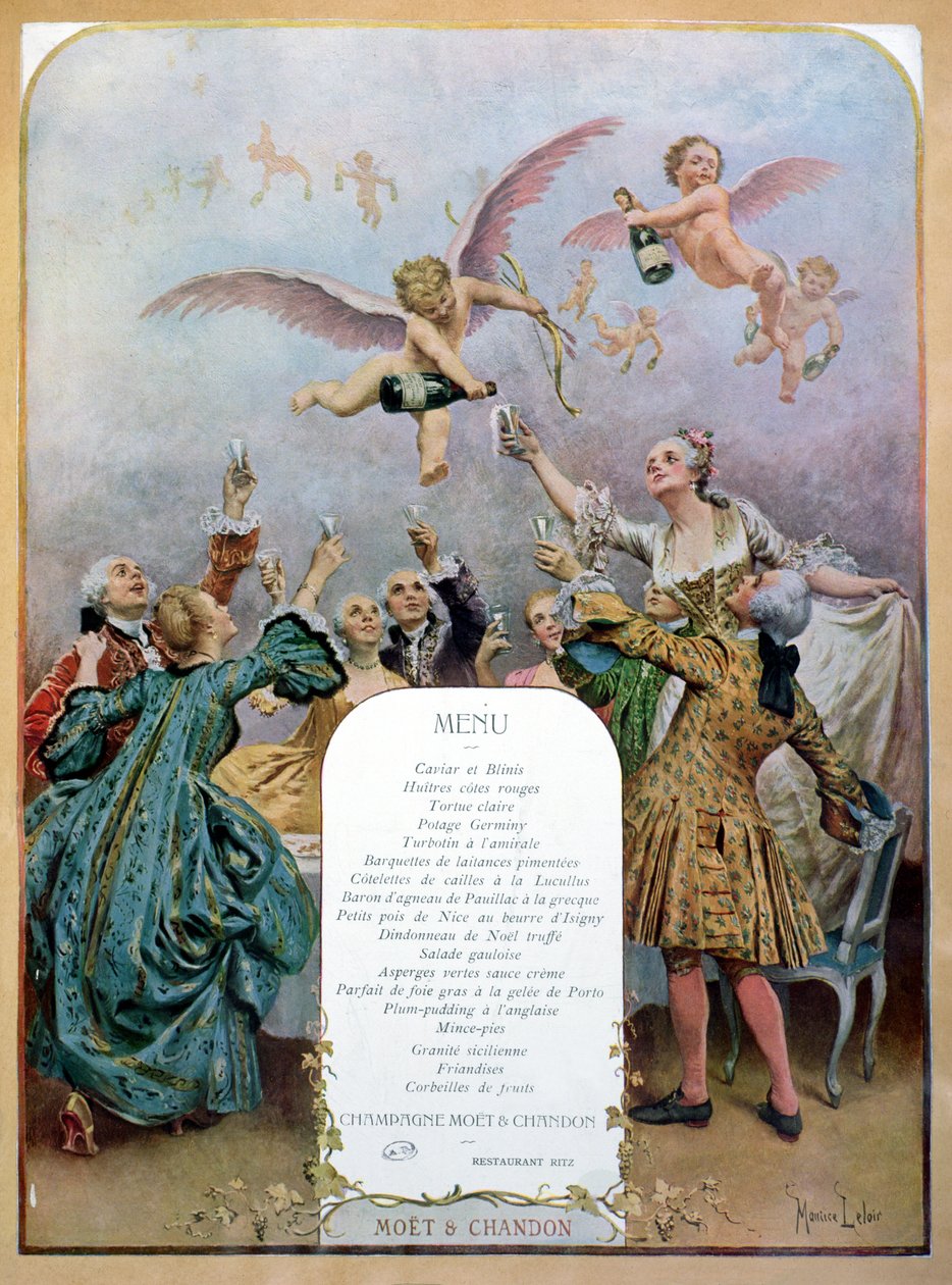 Ritz Restaurant Menu, Depicting a Group of Elegant 18th Century Men and Women Drinking Champagne Served by Cherubs, 1910 by Maurice Leloir