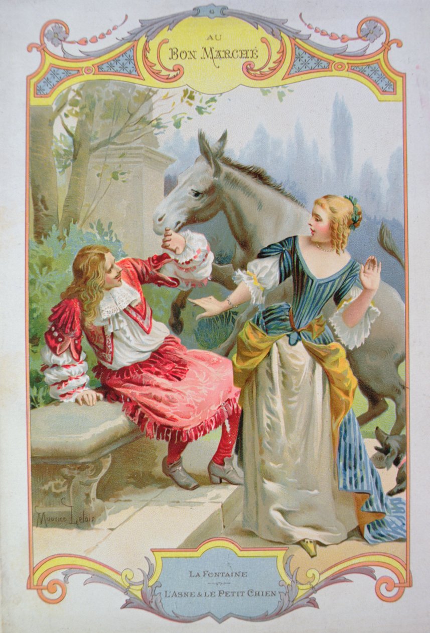 The Donkey and the Little Dog, from Fables by Jean de La Fontaine, advertising for Au Bon Marche department store by Maurice Leloir