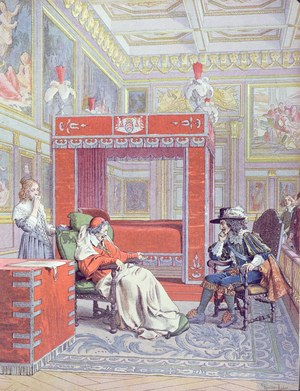 The death of Armand-Jean du Plessis, Cardinal Richelieu, illustration from a life of Richelieu by Theodore Camu by Maurice Leloir