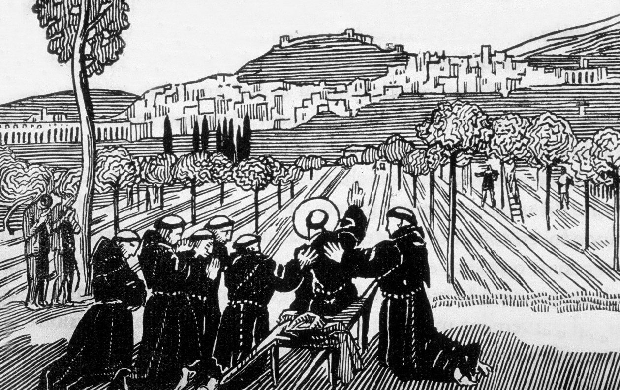 Death of St Francis of Assisi Blessing the Town of Assisi (engraved by Jacques Beltrand after drawing by Maurice Denis) by Maurice (after) Denis