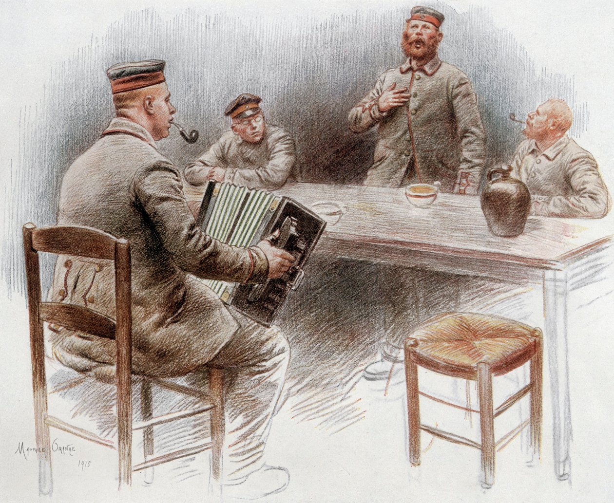Prisoners playing accordion and singing in the prisoners camp in Dinan by Maurice Henri Orange