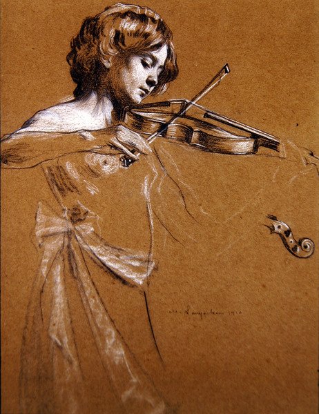 Young Girl Playing a Violin with Bared Breasts by Maurice Langaskens
