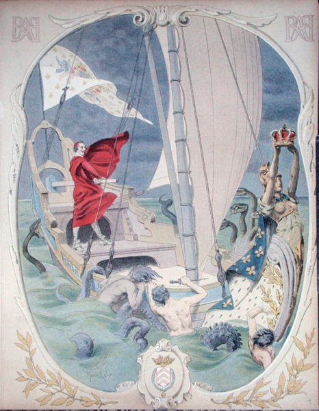 Armand-Jean du Plessis, Cardinal Richelieu (1585-1642) depicted as protector of loyalty to the French Crown, illustration from a life of Richelieu by Theodore Camu by Maurice Leloir