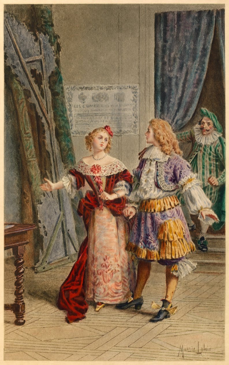 Backstage at Scapin, Armande, Baron and Moliere (illustration) by Maurice Leloir