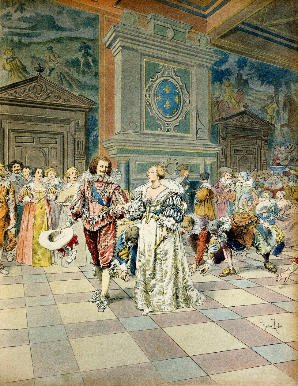 History of France: George Villiers, Duke of Buckingham at the court of France, sowed his pearls under the footsteps of the courtiers. Illustration by Maurice Leloir in 