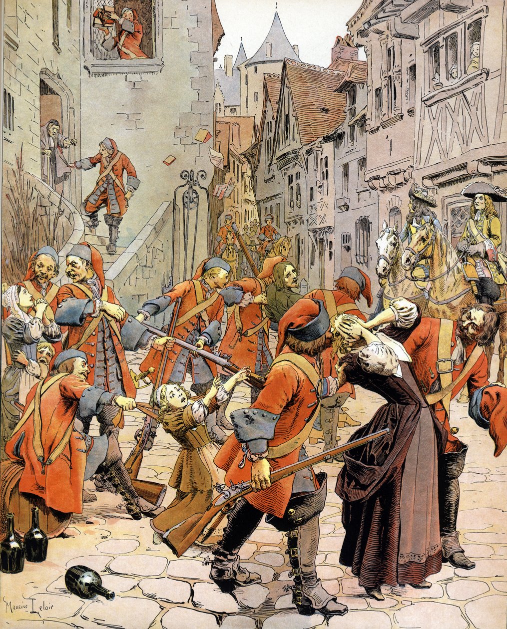Les Dragonnades: dispersal of a Protestant family by the troops of dragons charged with converting Protestants by Maurice Leloir