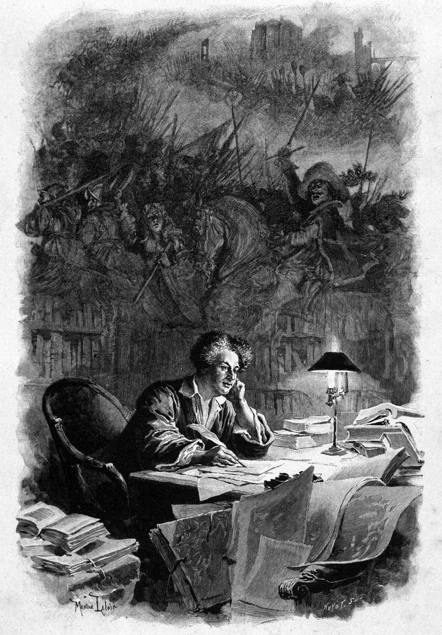 The French writer Alexandre Dumas (1802-1870) in his office writing “The Three Musketeers” in the early 1840s. Illustration by Maurice Leloir (1851-1940). Rights reserved by Maurice Leloir
