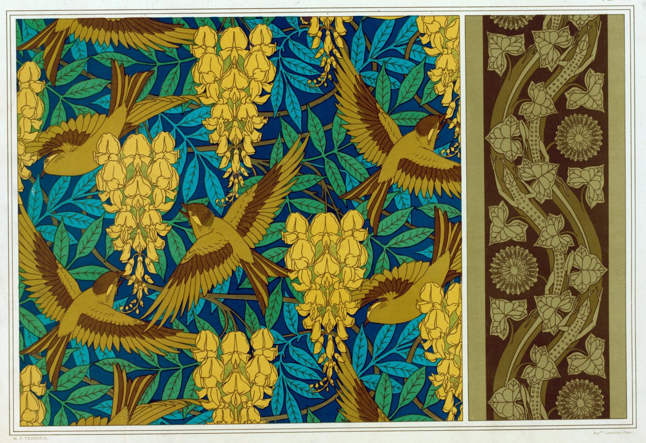 Designs for Birds and Wisteria Hanging and Wallpaper Border with Lizards and Ivy by Maurice Pillard Verneuil