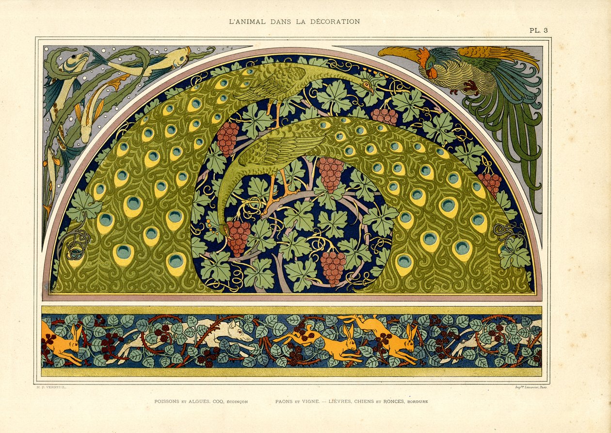 Peacock and Hare Motifs as Decorative Art Nouveau Composition by Maurice Pillard Verneuil