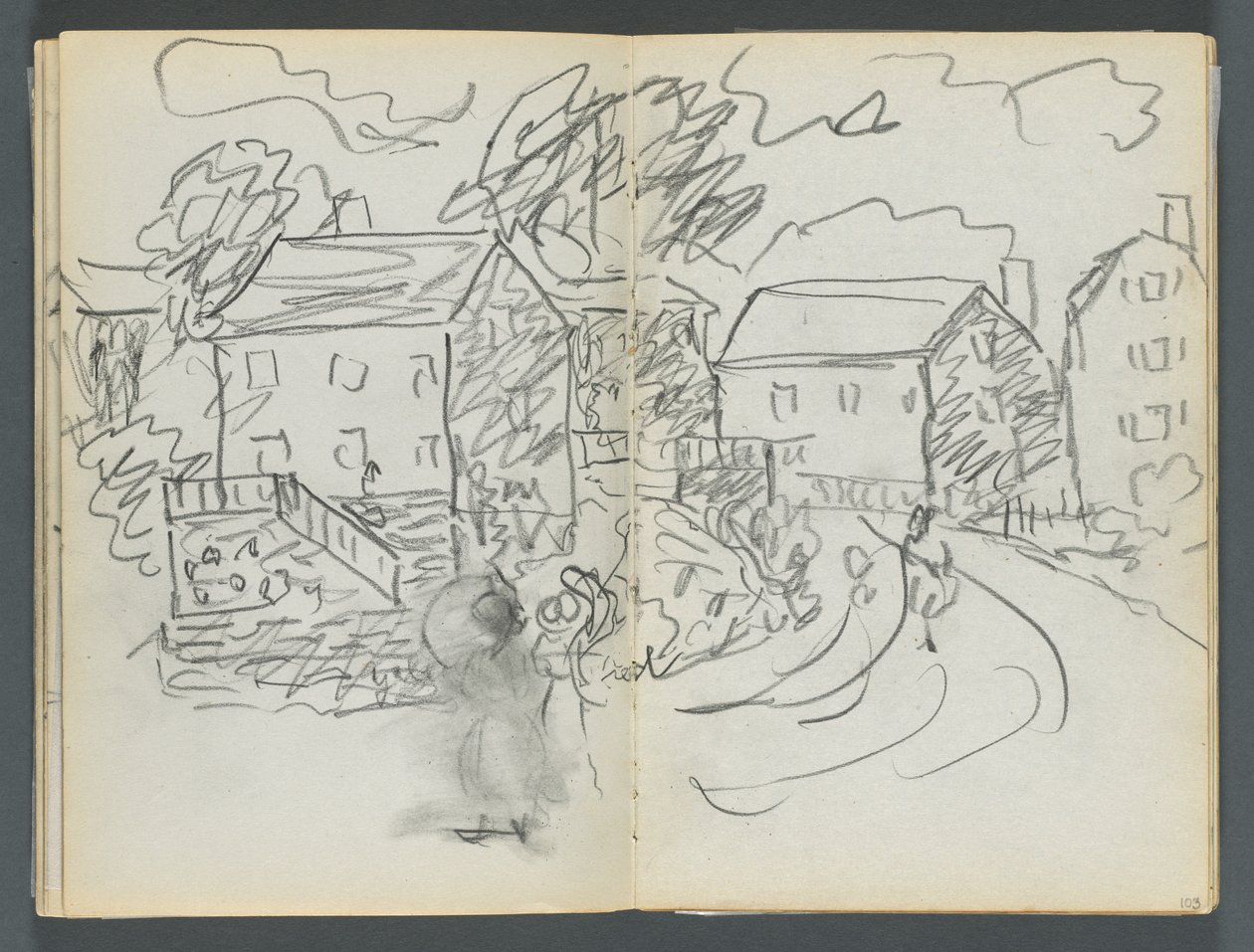 Sketchbook, The Dells, No. 127, page 102 & 103: Landscape with Houses and Road by Maurice Prendergast
