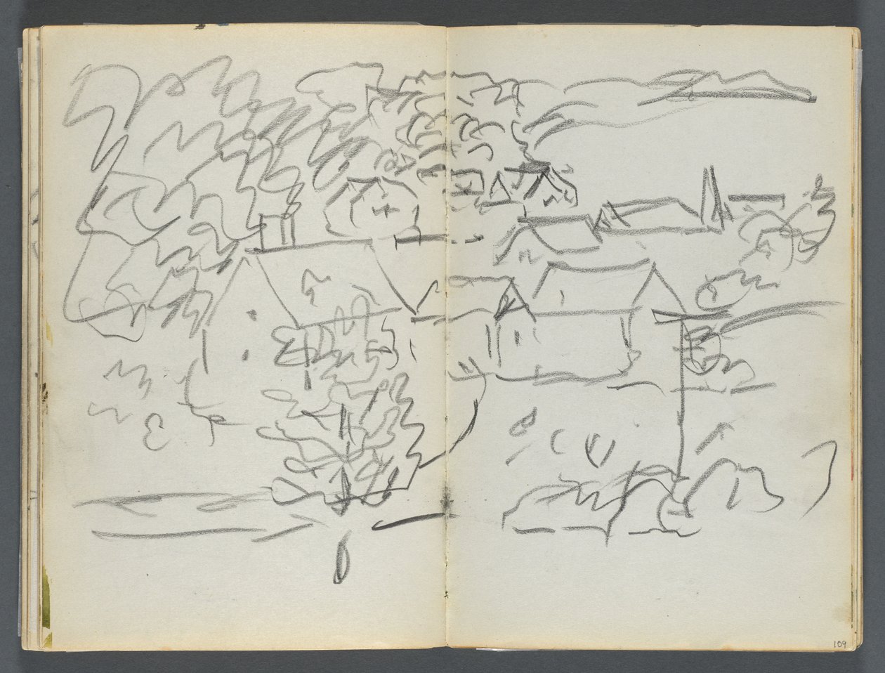 Sketchbook, The Dells, No. 127, page 108 & 109: Landscape with Houses by Maurice Prendergast