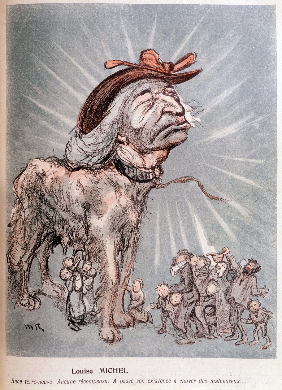 Cartoon of Louise Michel as a dog breed Newfoundland, no recompense, spent its existence saving the unfortunate by Maurice Radiguet