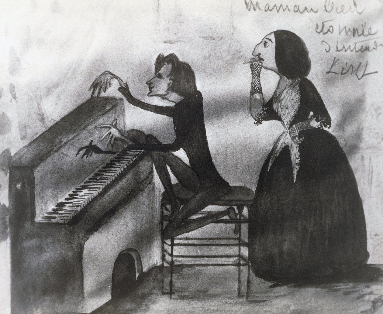 Caricature of Franz Liszt and George Sand in Nohant in 1832 by Maurice Sand