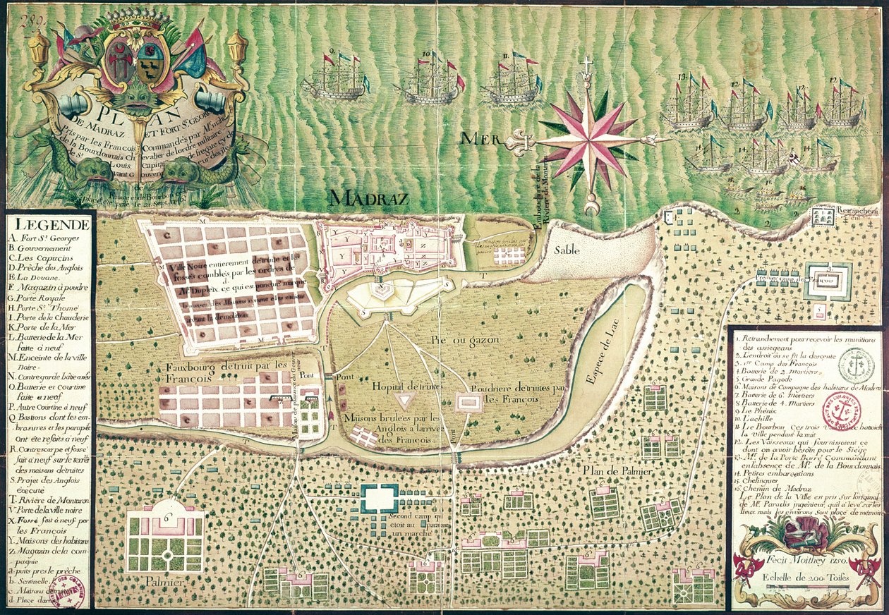 Map of Madras at the time of the capture of the town and Fort of St. George in 1746 by the French under the command of Mahe de la Bourdonnais, 1750 by Maurille Antoine Moithey