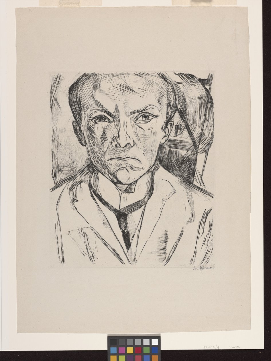 Frontal Self-Portrait with House Gable in Background by Max Beckmann