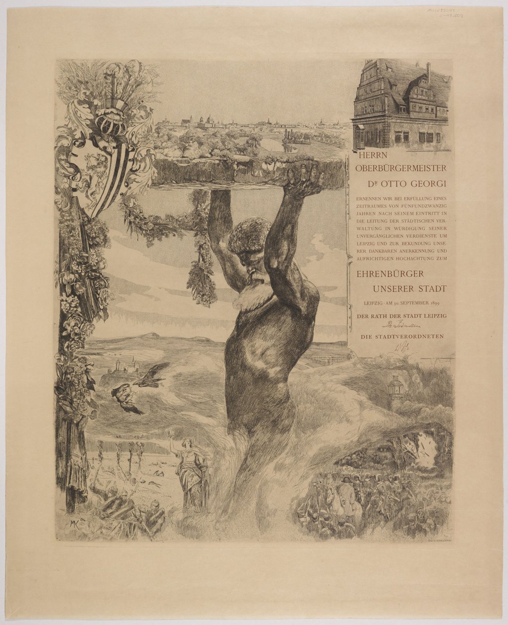 Honorary Citizenship Certificate for Mayor Dr. Otto Georgi by Max Klinger