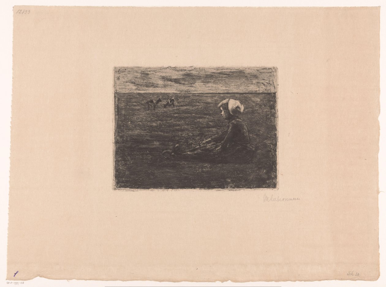 Young Goat Herder Sitting in the Field by Max Liebermann (signed by artist)
