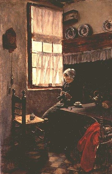 A young woman knitting in an interior by Max Liebermann