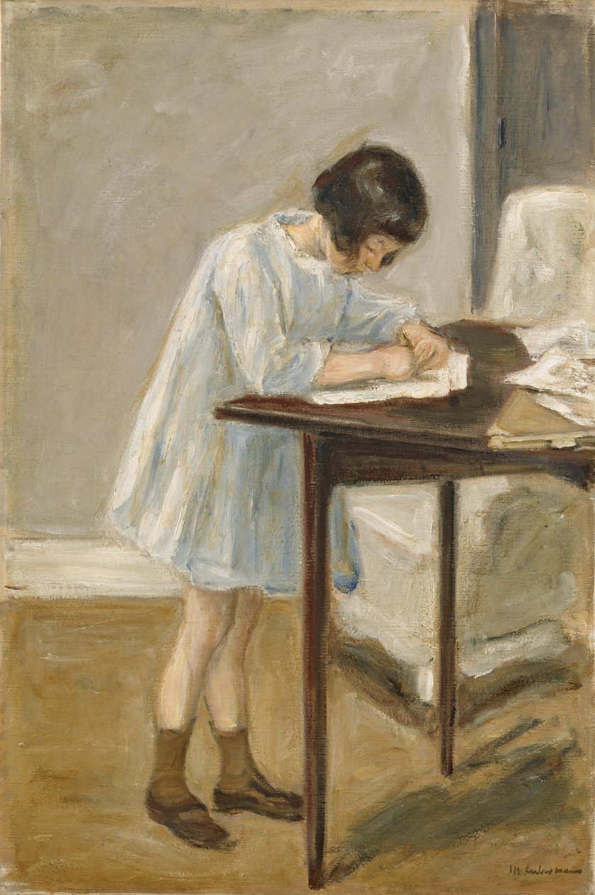 Granddaughter, standing girl writing by Max Liebermann