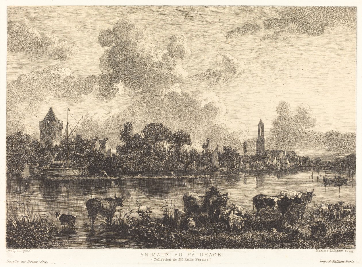 Animals at Pasture by Maxime Lalanne after Nicolaes Pietersz Berchem