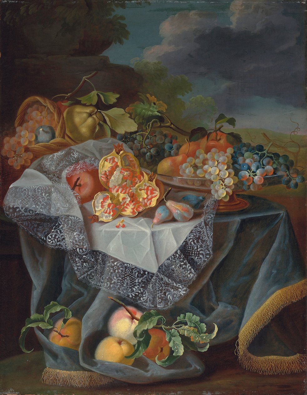 Grapes, Pears, and an Apple on a Glass Vessel, Pomegranates and a Woven Basket with Fruit on a Draped Table, and a Park Landscape Beyond by Maximilian Pfeiler or Pfeiller