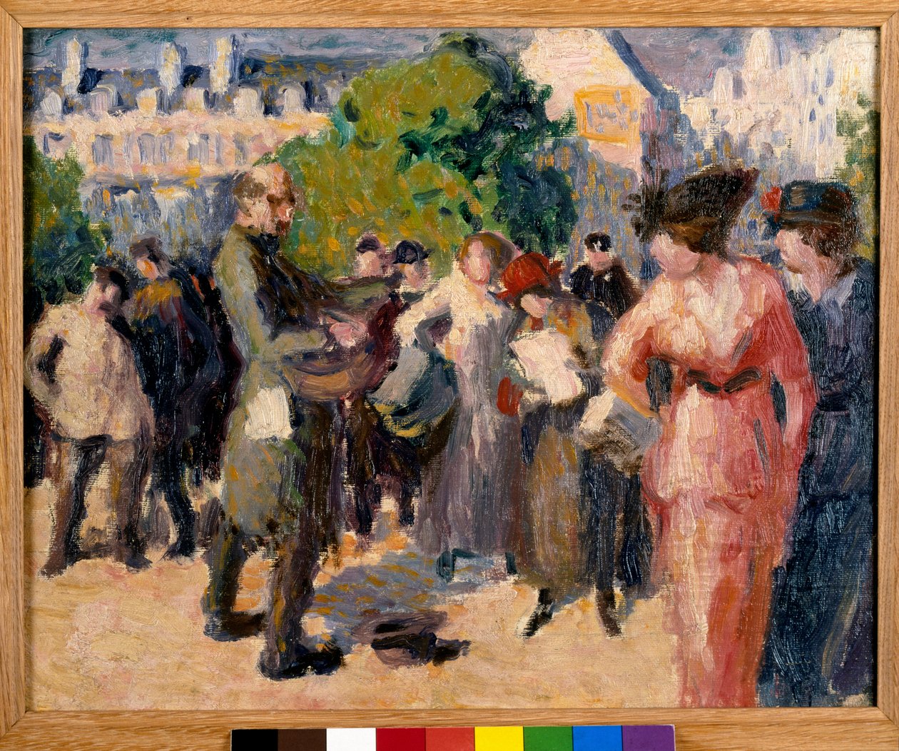 Street Scene. A beggar with a hurdy-gurdy plays in a garden in Paris. Painting by Maximilien Luce by Maximilien Luce