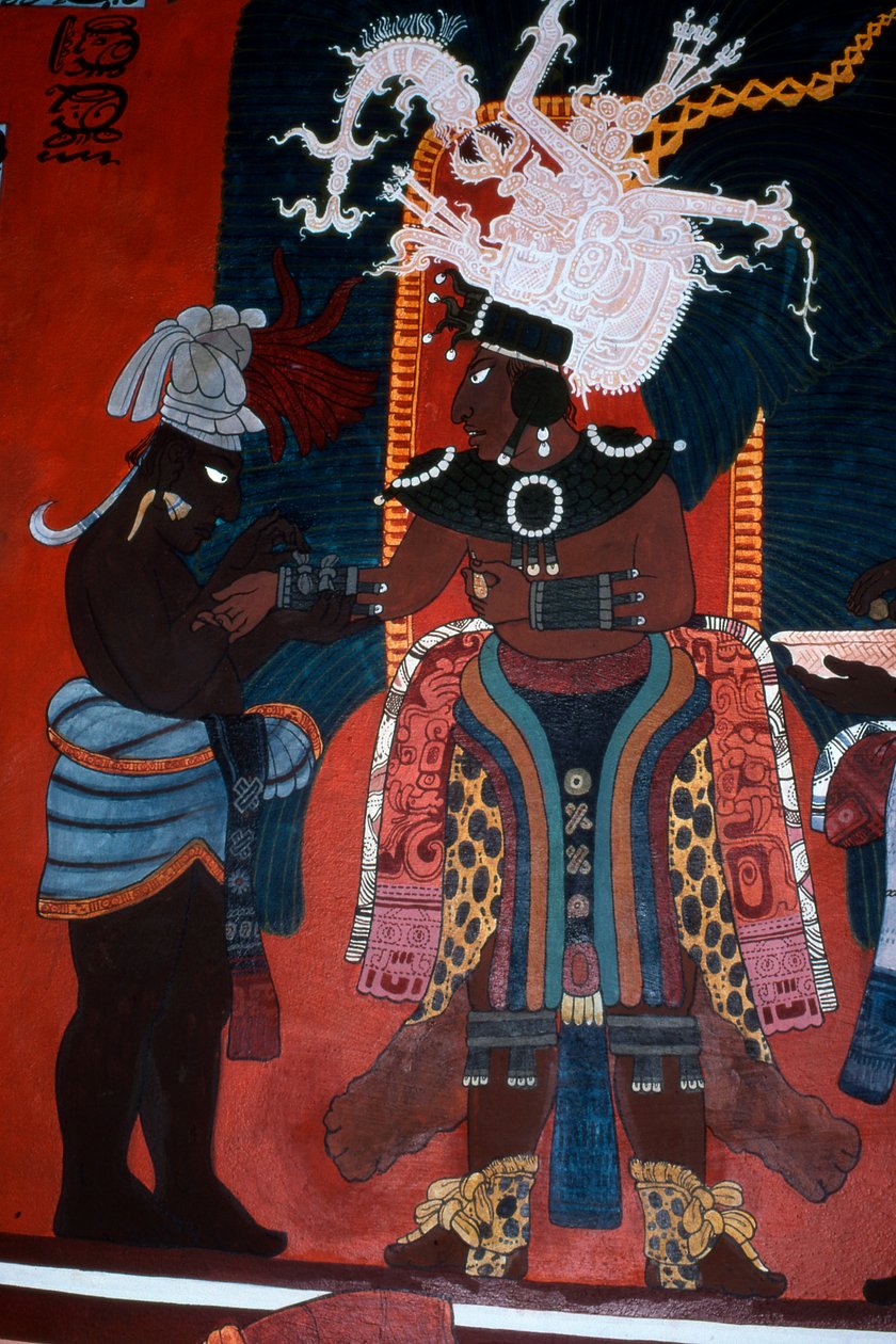 Reproduction of a Mural Showing a Servant Dressing a Ruler for a Ceremony, from the Temple of Murals, Bonampak by Mayan