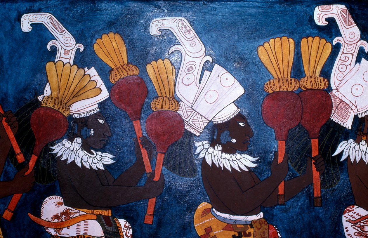 Reproduction of a mural showing musicians with rattles during a ceremony, from the Temple of Murals, Bonampak by Mayan