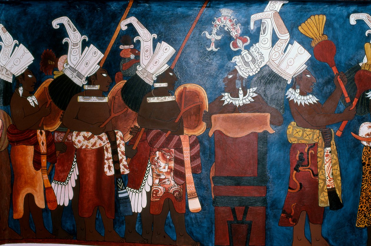 Reproduction of a mural showing servants and musicians during a ceremony, from the Temple of Murals, Bonampak (wall painting) by Mayan